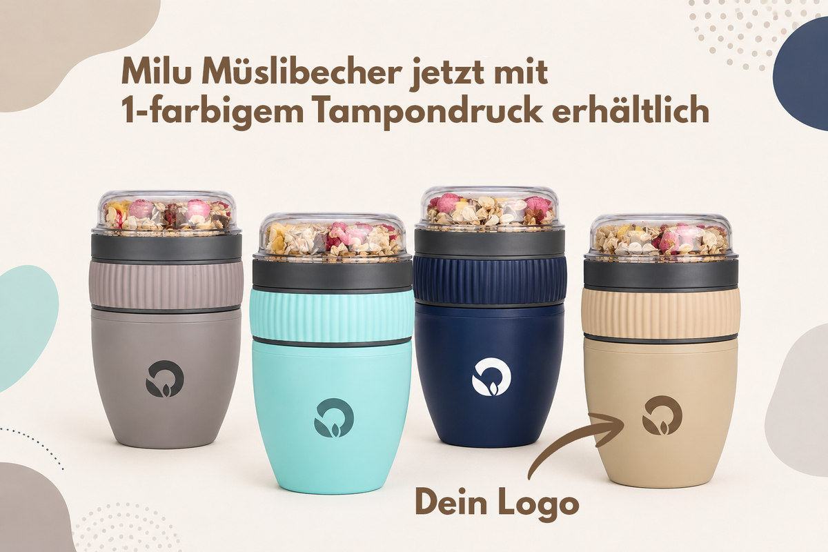 Milu Müslibecher mit Logo: Der praktische Werbeartikel unter 10 Euro