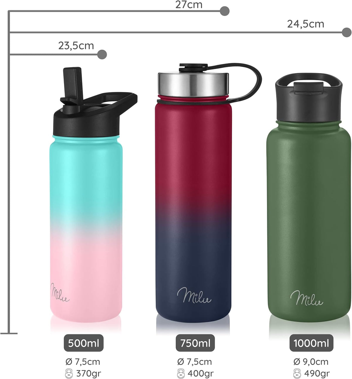 Milu Edelstahl Trinkflasche mit 3 Deckeln, auslaufsicher, isoliert, 500ml 750ml 1000ml (T7)