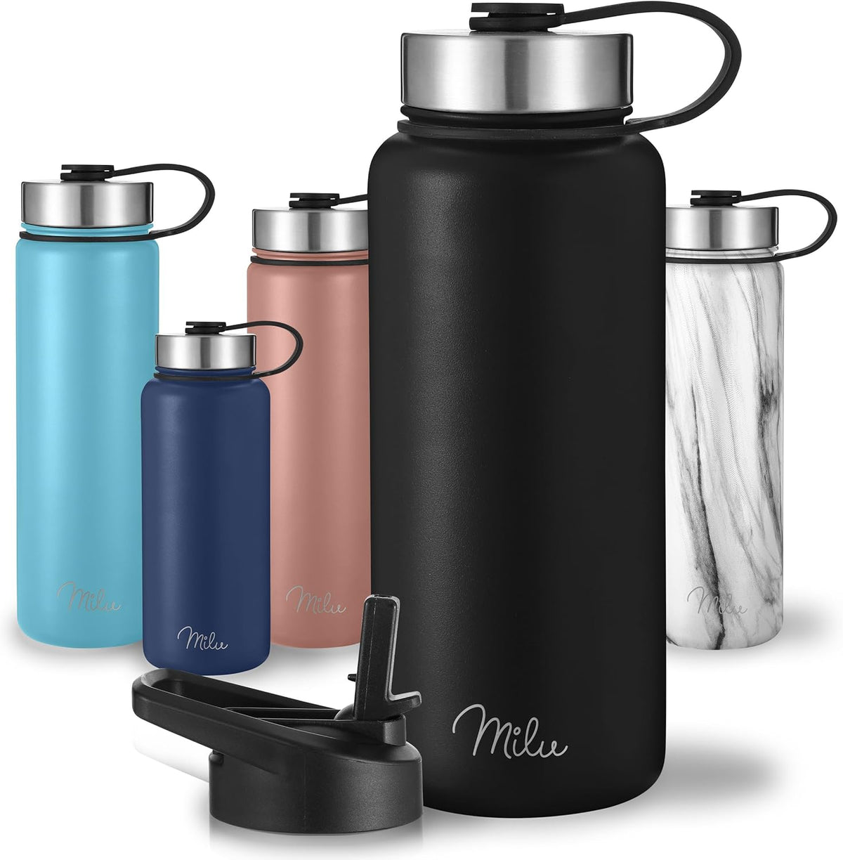 Milu Edelstahl Trinkflasche mit 3 Deckeln, auslaufsicher, isoliert, 500ml 750ml 1000ml (T7)