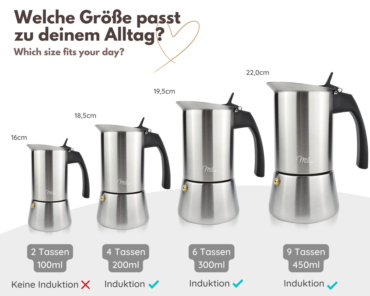 Outlet x Milu Espressokocher Edelstahl Induktion (2, 3, 6 oder 9 cup)