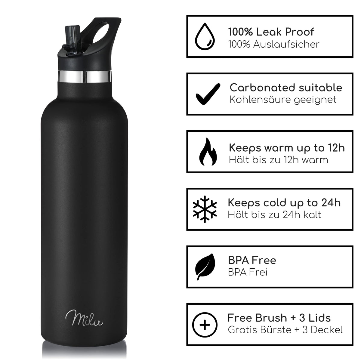 Milu Edelstahl Trinkflasche mit 3 Deckeln, auslaufsicher, isoliert (350 ml 500 ml 750 ml 1000 ml)