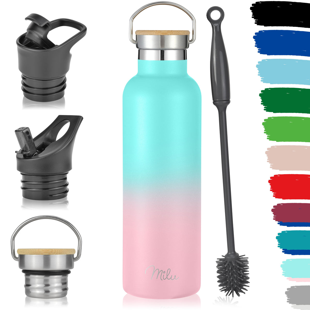 Milu Edelstahl Trinkflasche mit 3 Deckeln, auslaufsicher, isoliert (350 ml 500 ml 750 ml 1000 ml)