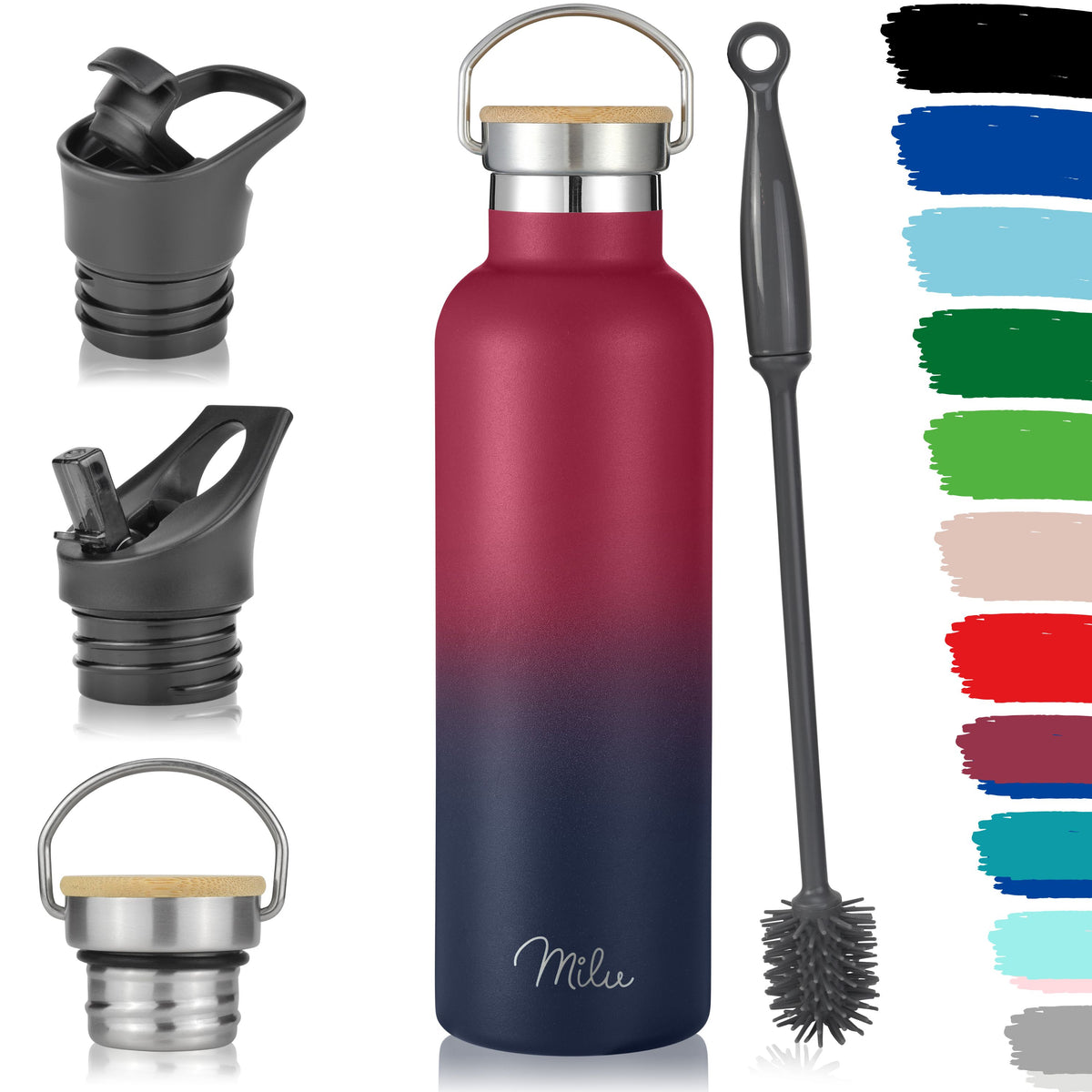 Milu Edelstahl Trinkflasche mit 3 Deckeln, auslaufsicher, isoliert (350 ml 500 ml 750 ml 1000 ml)
