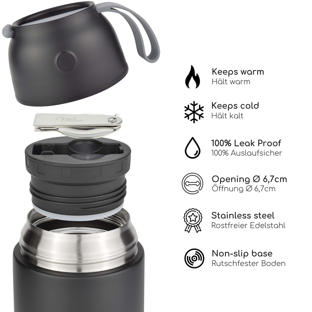 Milu® Thermobehälter für Essen, mit Löffel, auslaufsicher, isoliert (450 ml, 650 ml, 800 ml)