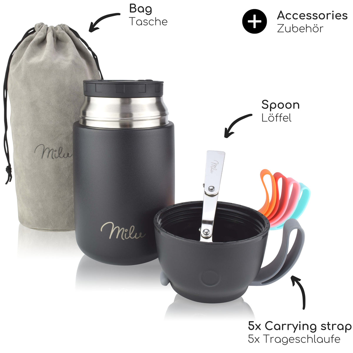 Milu® Thermobehälter für Essen, mit Löffel, auslaufsicher, isoliert (450 ml, 650 ml, 800 ml)