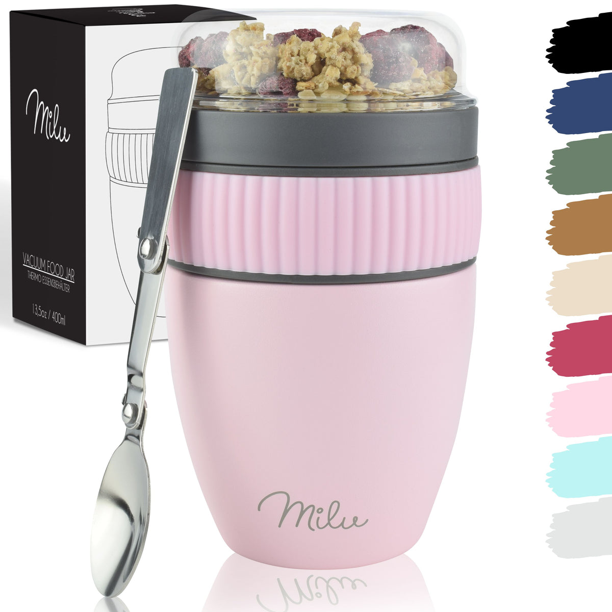 Milu Müslibecher to go, isoliert, auslaufsicher, Edelstahl (400ml)