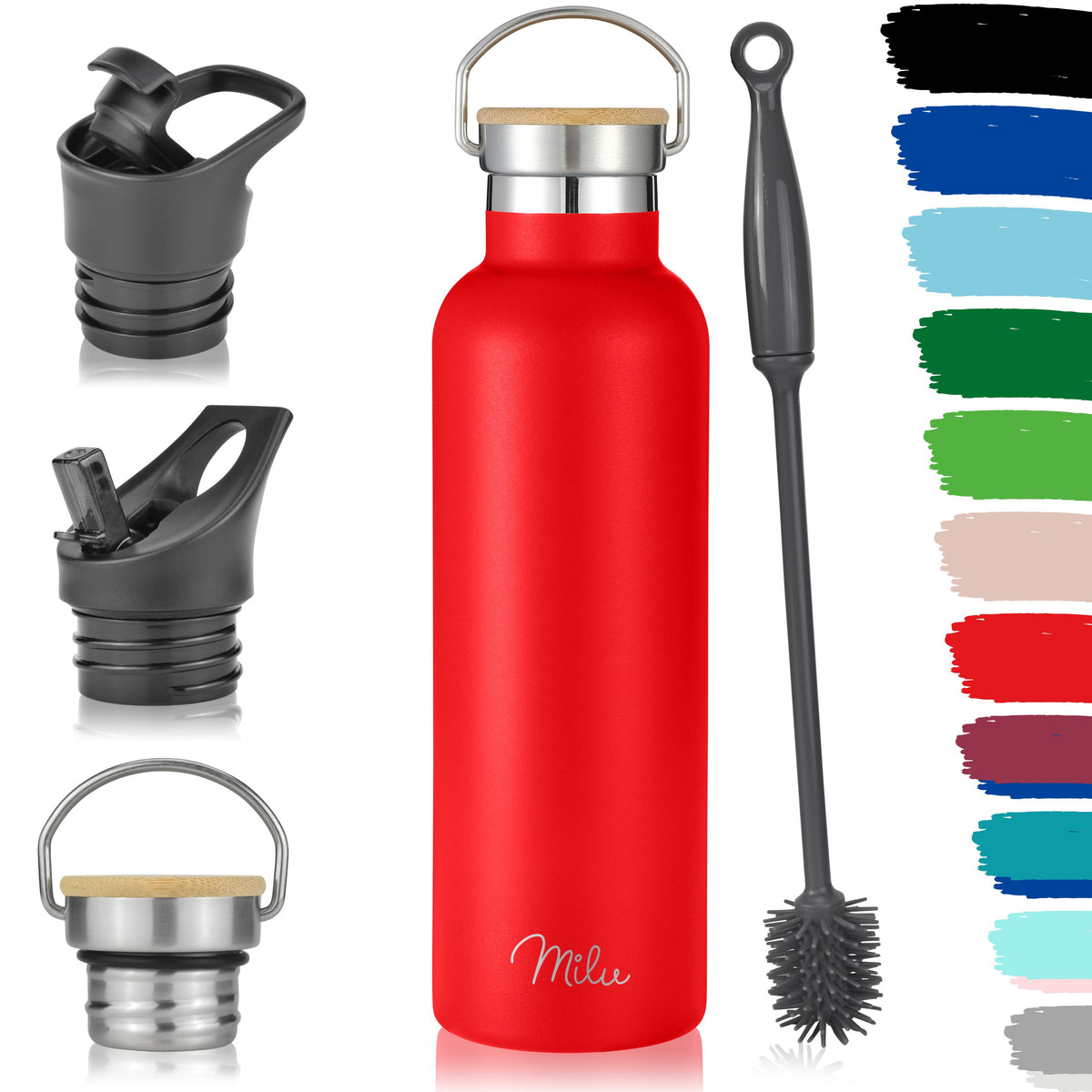 Milu Edelstahl Trinkflasche mit 3 Deckeln, auslaufsicher, isoliert (350 ml 500 ml 750 ml 1000 ml)