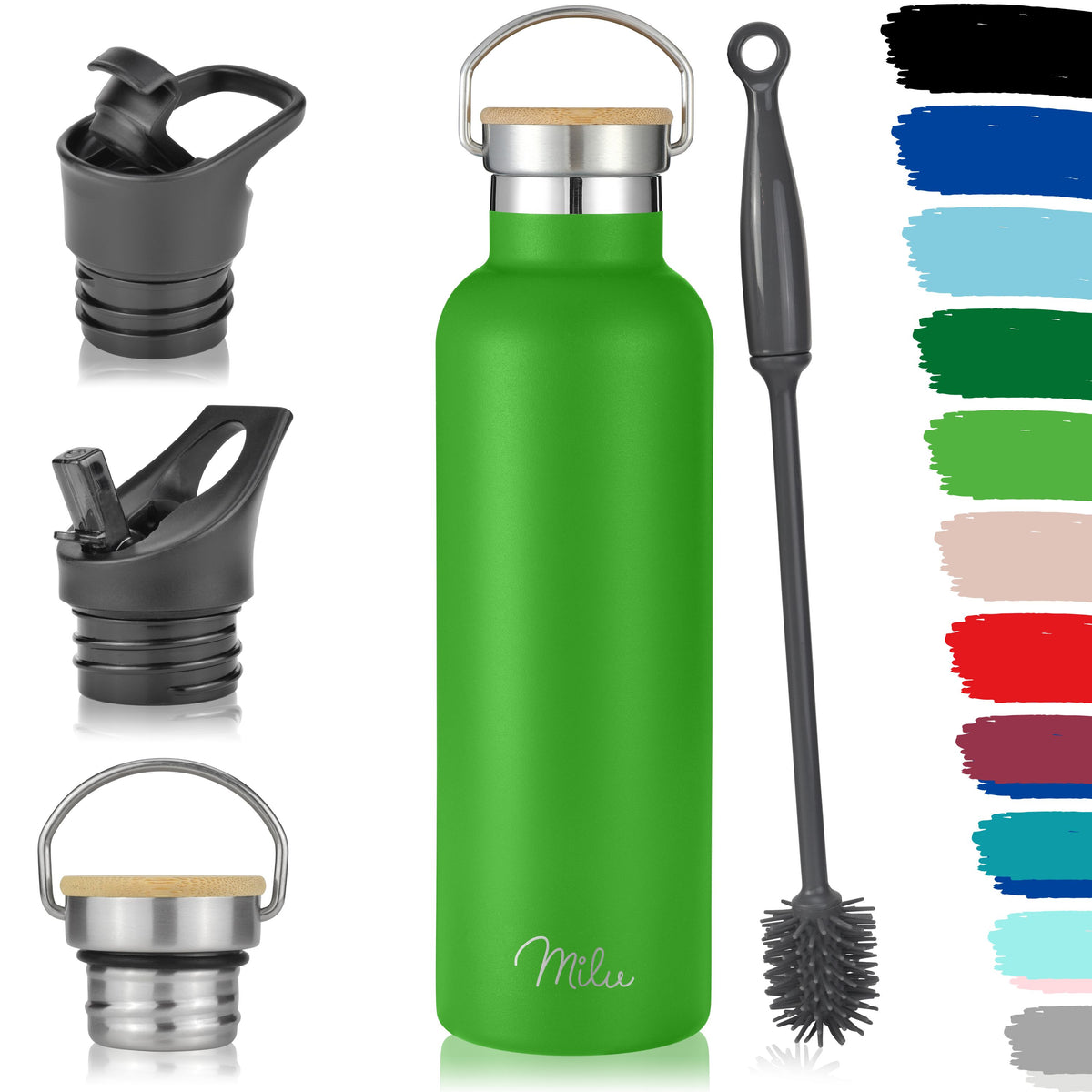 Milu Edelstahl Trinkflasche mit 3 Deckeln, auslaufsicher, isoliert (350 ml 500 ml 750 ml 1000 ml)