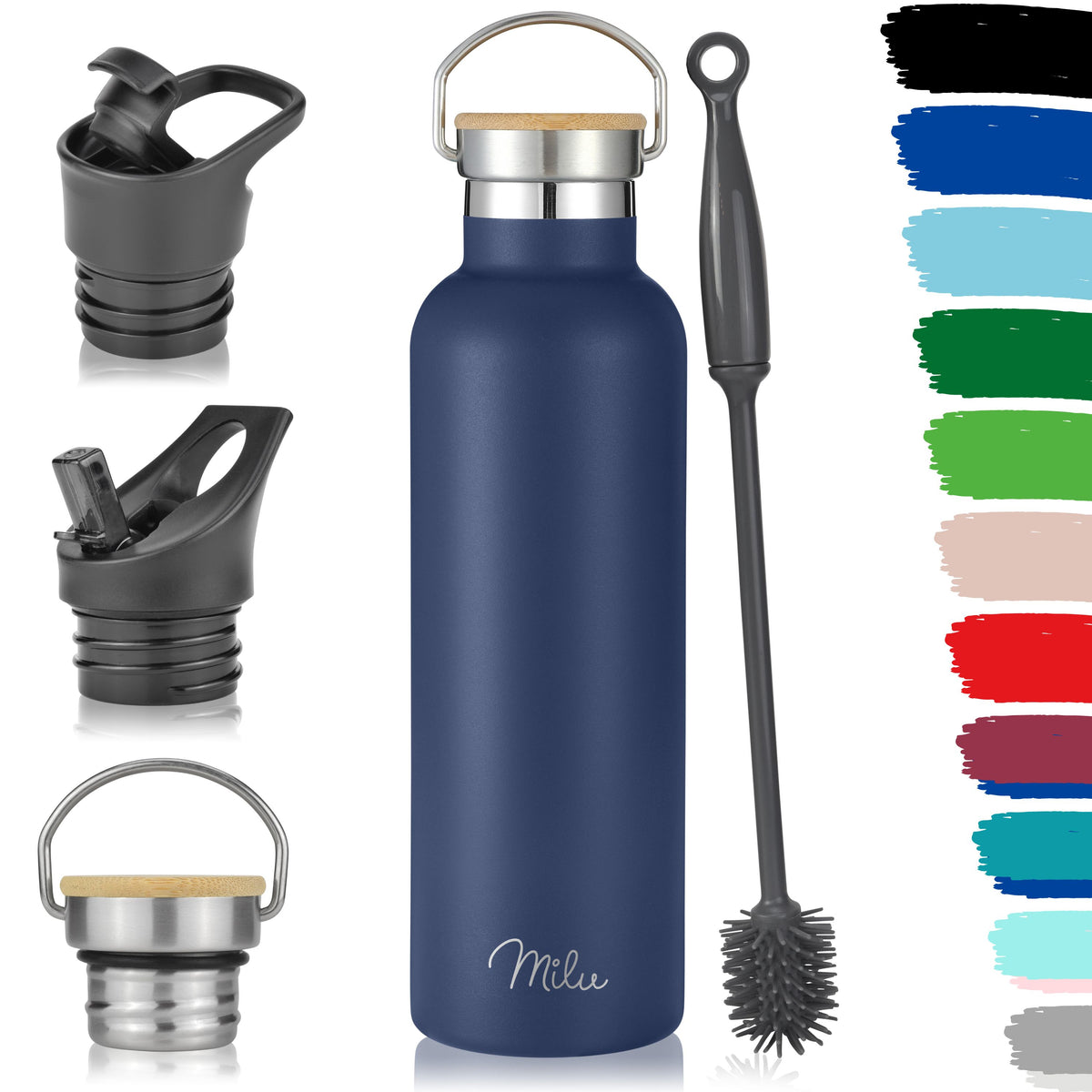 Milu Edelstahl Trinkflasche mit 3 Deckeln, auslaufsicher, isoliert (350 ml 500 ml 750 ml 1000 ml)