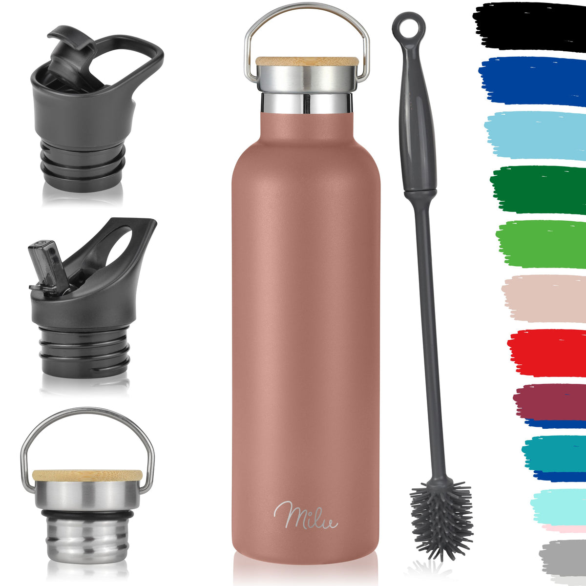 Milu Edelstahl Trinkflasche mit 3 Deckeln, auslaufsicher, isoliert (350 ml 500 ml 750 ml 1000 ml)