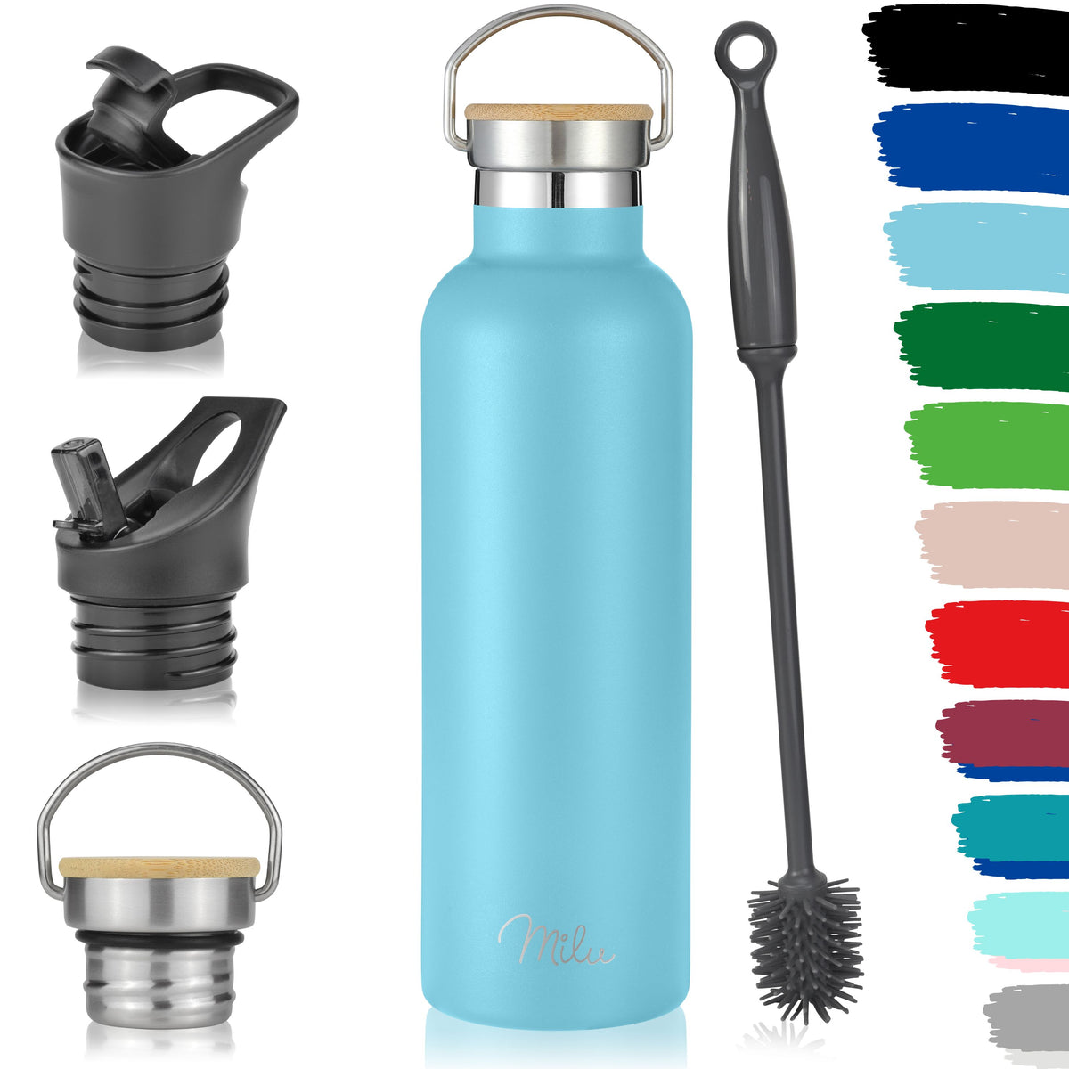 Milu Edelstahl Trinkflasche mit 3 Deckeln, auslaufsicher, isoliert (350 ml 500 ml 750 ml 1000 ml)