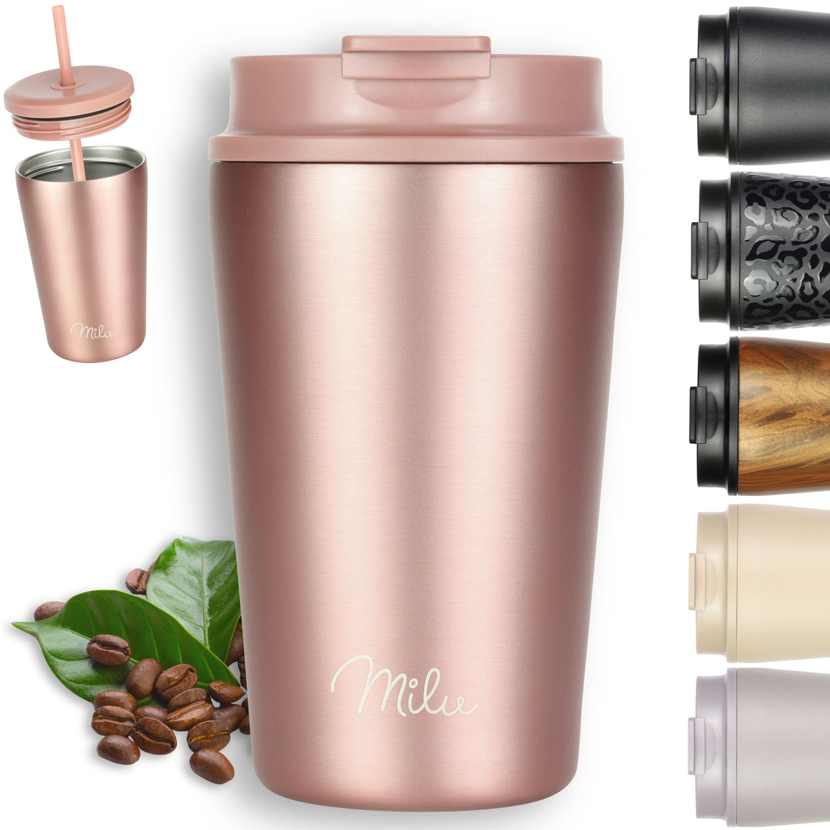 Milu Thermobecher, auslaufsicher, isoliert, mit zwei Deckeln (300 ml, 400 ml, 500 ml)
