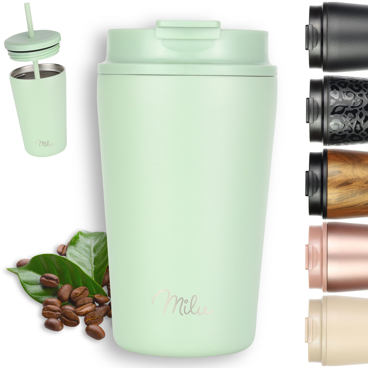Milu Thermobecher, auslaufsicher, isoliert, mit zwei Deckeln (300 ml, 400 ml, 500 ml)