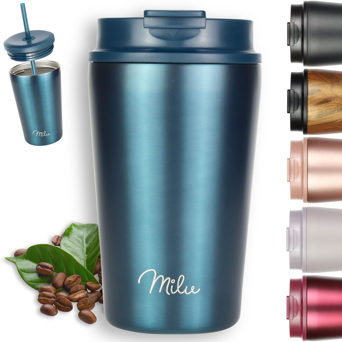 Milu Thermobecher, auslaufsicher, isoliert, mit zwei Deckeln (300 ml, 400 ml, 500 ml)