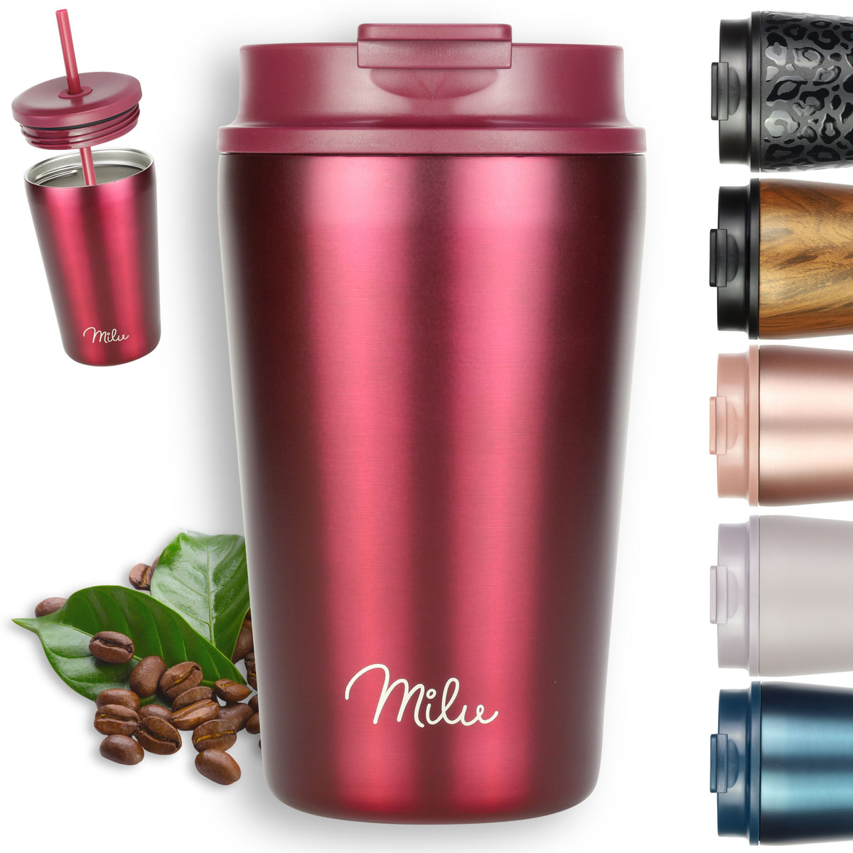 Milu Thermobecher, auslaufsicher, isoliert, mit zwei Deckeln (300 ml, 400 ml, 500 ml)