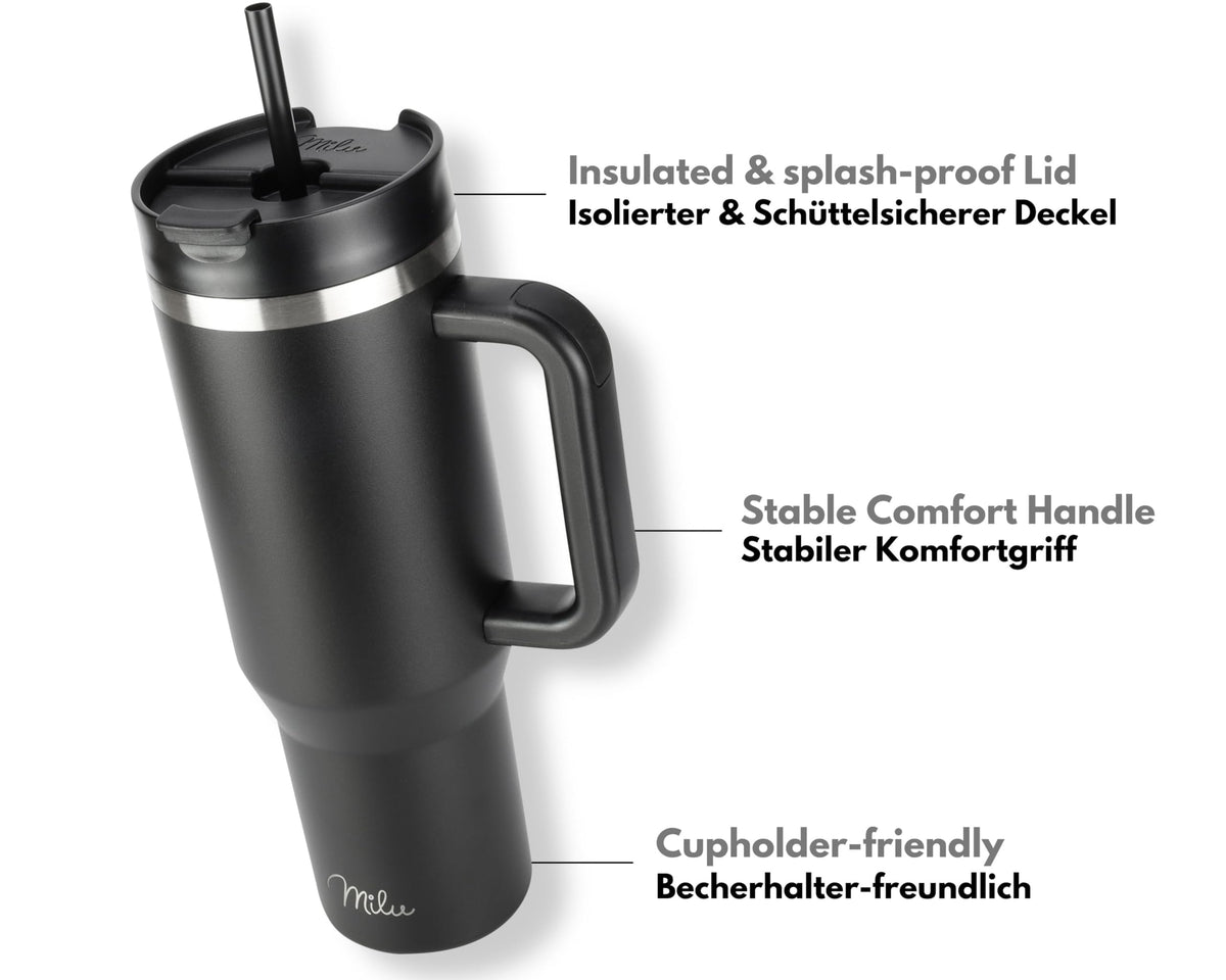Milu Thermobecher/Tumbler mit Strohhalm und Henkel (1200 ml/40 oz)
