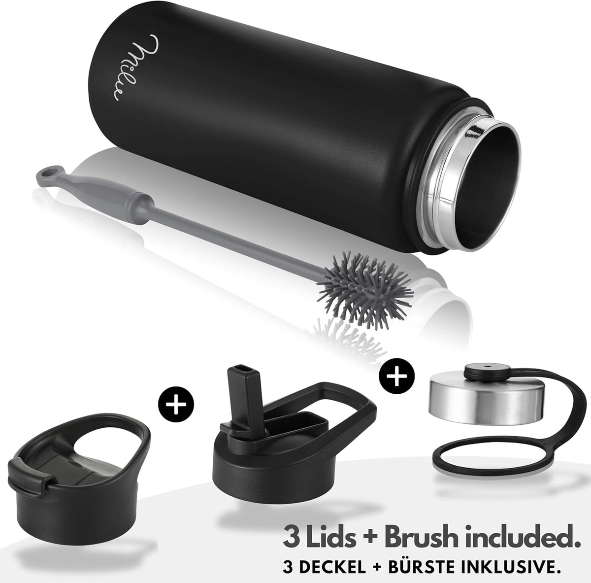 Milu Edelstahl Trinkflasche mit 3 Deckeln, auslaufsicher, isoliert, 500ml 750ml 1000ml (T7)