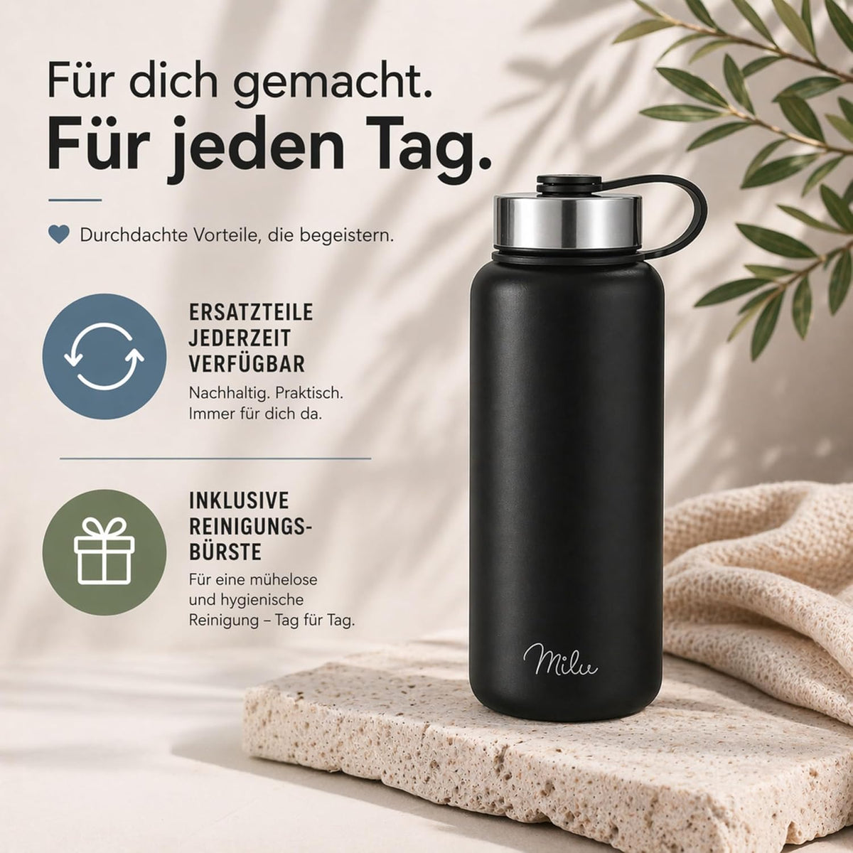 Milu Edelstahl Trinkflasche mit 3 Deckeln, auslaufsicher, isoliert, 500ml 750ml 1000ml (T7)