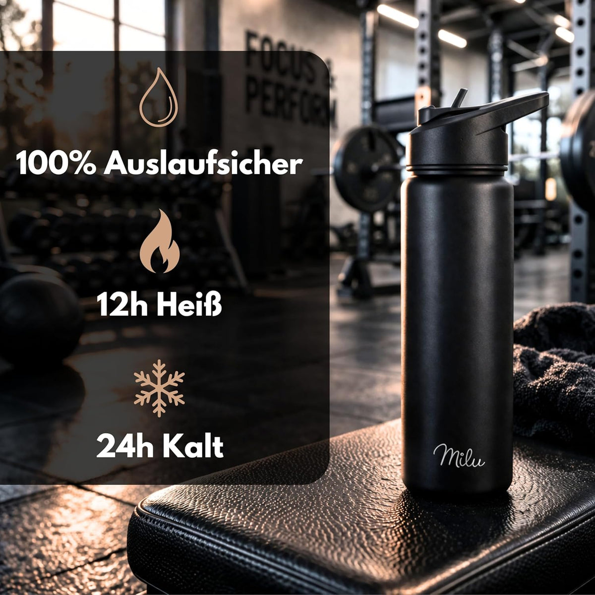 Milu Edelstahl Trinkflasche mit 3 Deckeln, auslaufsicher, isoliert, 500ml 750ml 1000ml (T7)