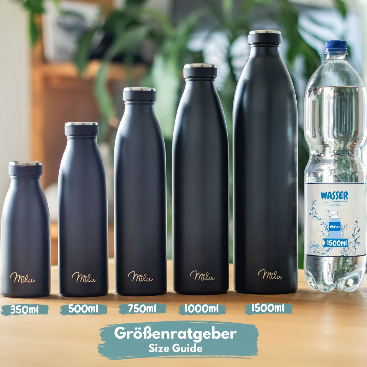 Milu Edelstahl Trinkflasche 350ml, 500ml, 750ml, 1L, 1500ml