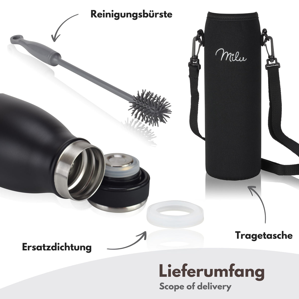 Milu Edelstahl Trinkflasche 350ml, 500ml, 750ml, 1L, 1500ml