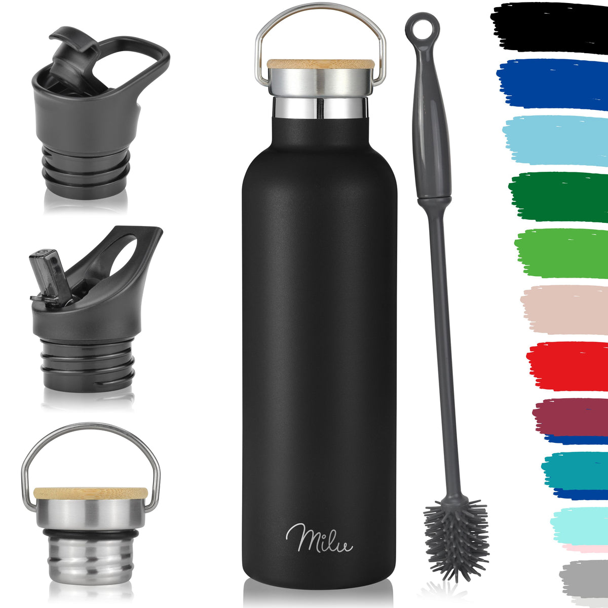 Milu Edelstahl Trinkflasche mit 3 Deckeln, auslaufsicher, isoliert (350 ml 500 ml 750 ml 1000 ml)