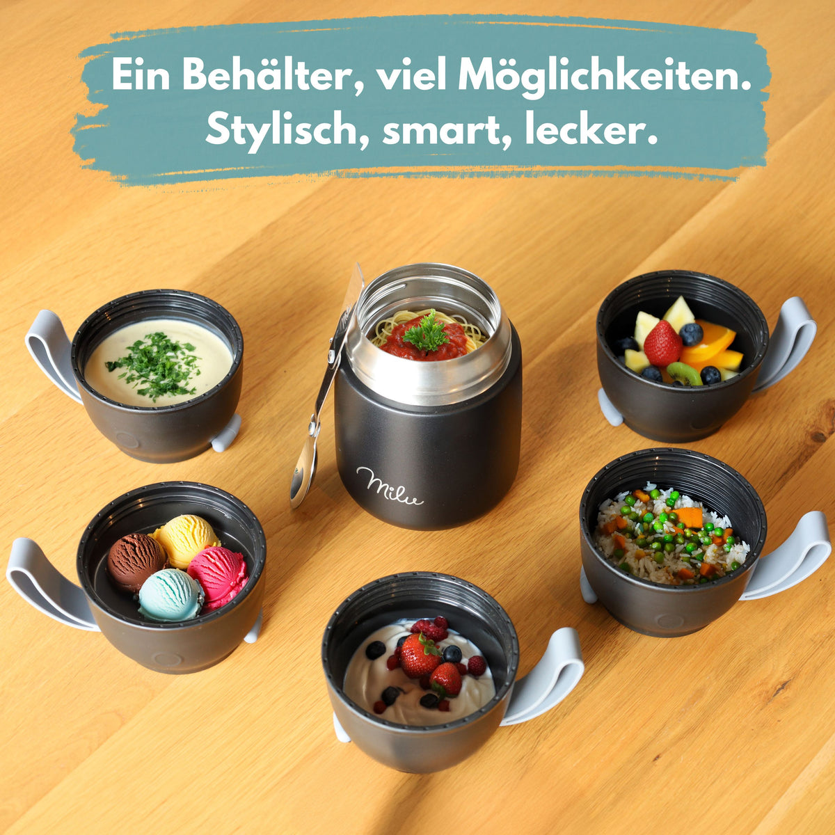 Milu® Thermobehälter für Essen, mit Löffel, auslaufsicher, isoliert (450 ml, 650 ml, 800 ml)