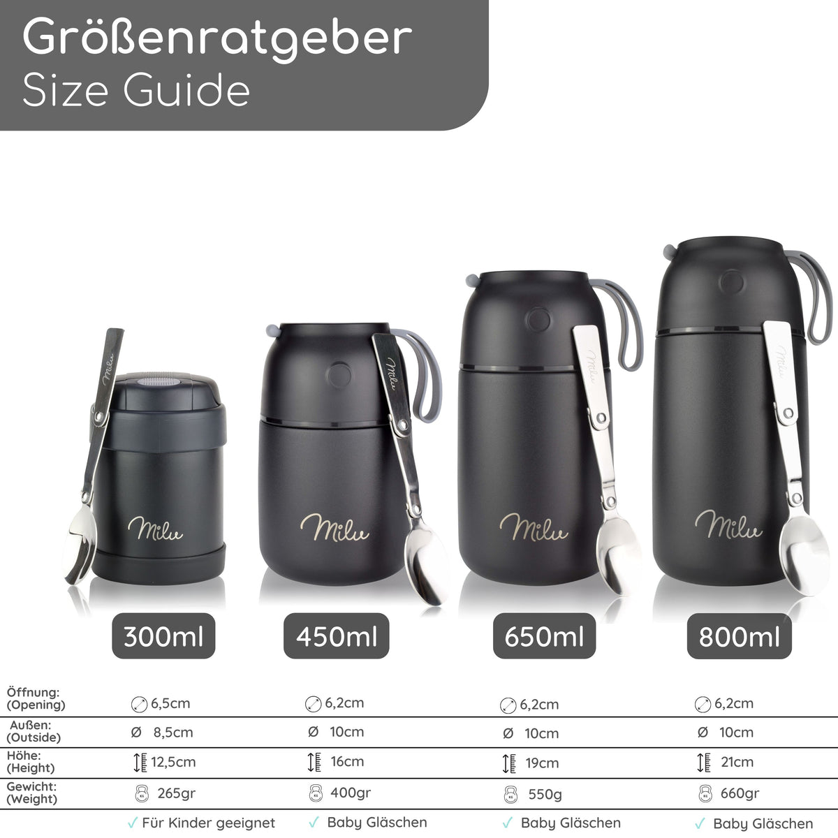 Milu® Thermobehälter für Essen, mit Löffel, auslaufsicher, isoliert (450 ml, 650 ml, 800 ml)