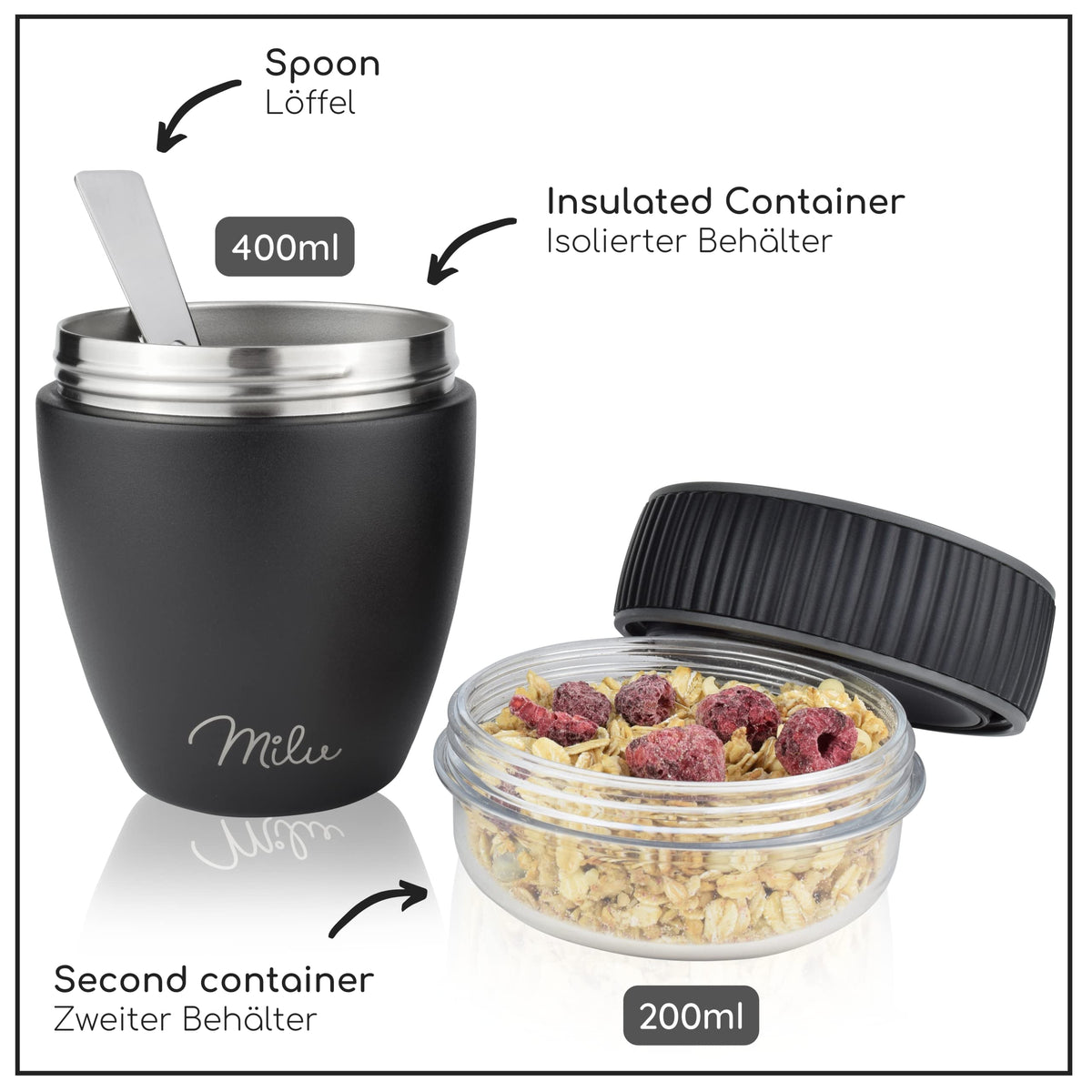 Milu Müslibecher to go, isoliert, auslaufsicher, Edelstahl (400ml)
