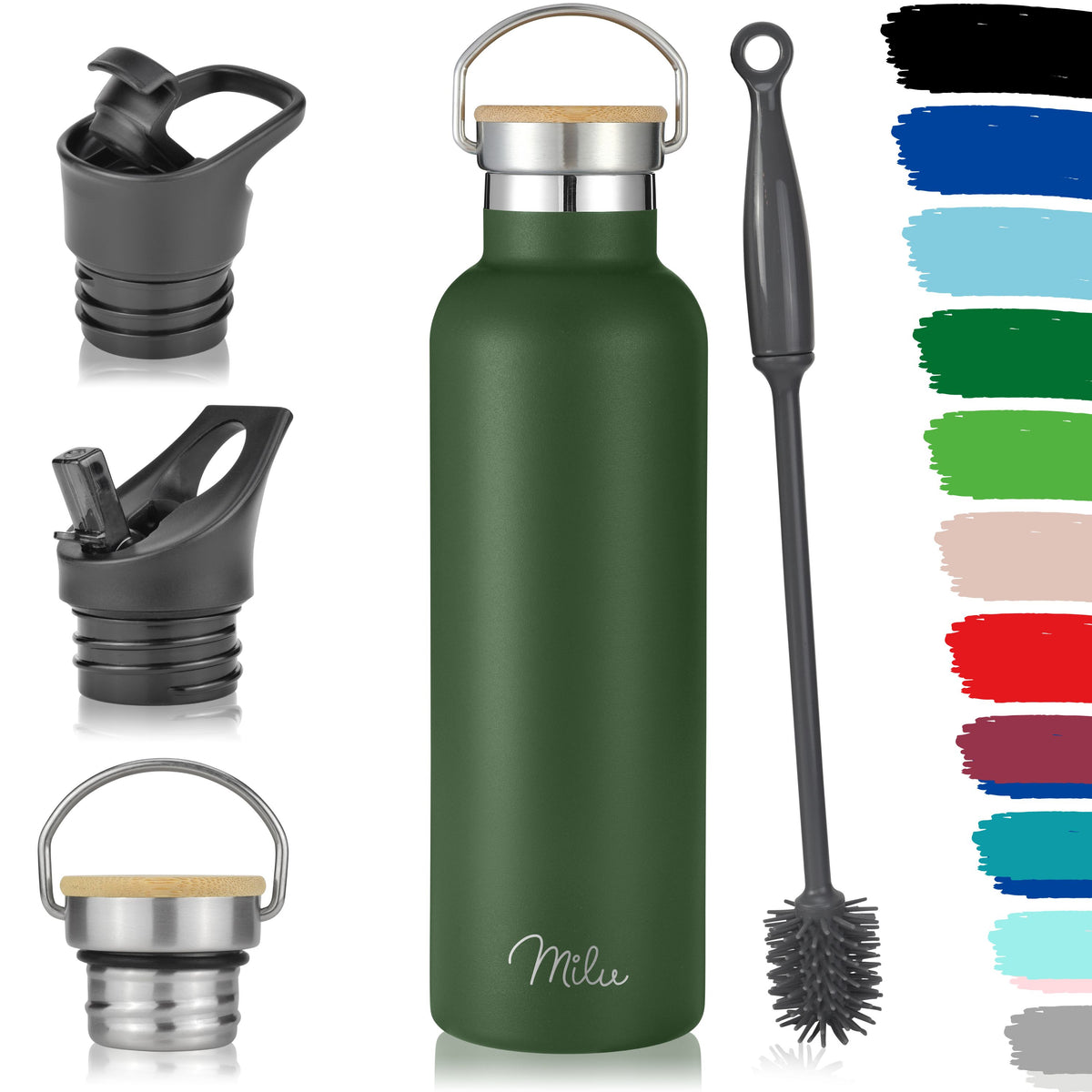 Milu Edelstahl Trinkflasche mit 3 Deckeln, auslaufsicher, isoliert (350 ml 500 ml 750 ml 1000 ml)