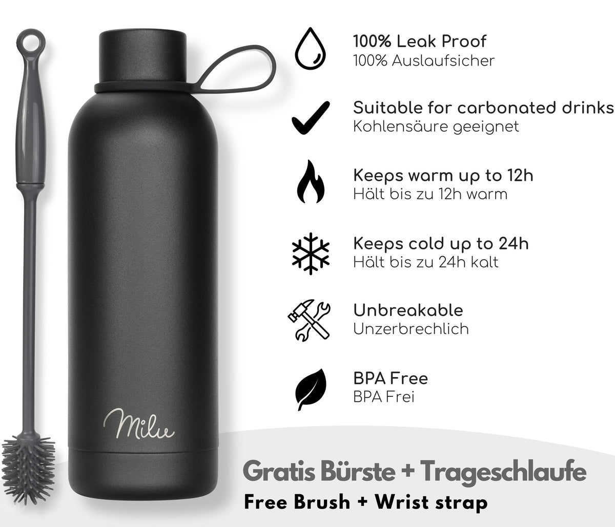 Milu isolierte, auslaufsichere Thermosflasche, Edelstahl (500 ml, 750 ml, 1000 ml)