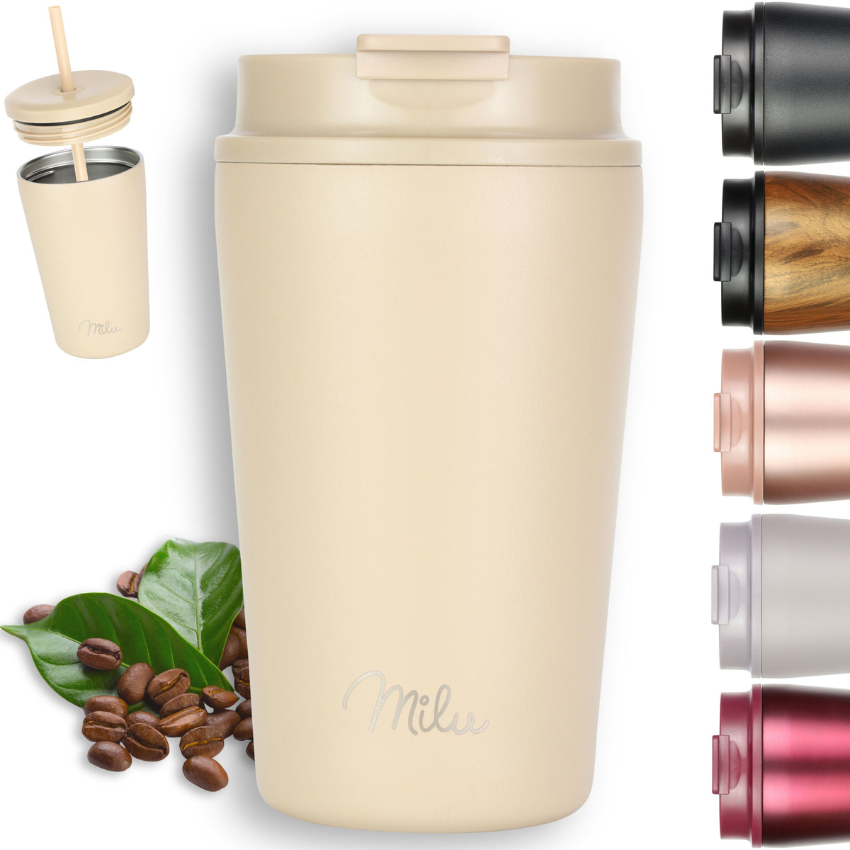 Milu Thermobecher, auslaufsicher, isoliert, mit zwei Deckeln (300 ml, 400 ml, 500 ml)