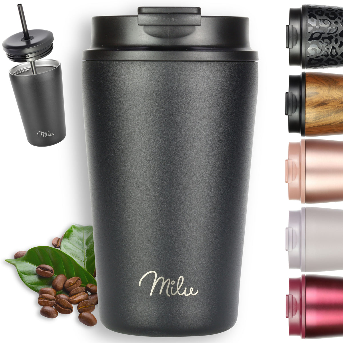 Milu Thermobecher, auslaufsicher, isoliert, mit zwei Deckeln (300 ml, 400 ml, 500 ml)