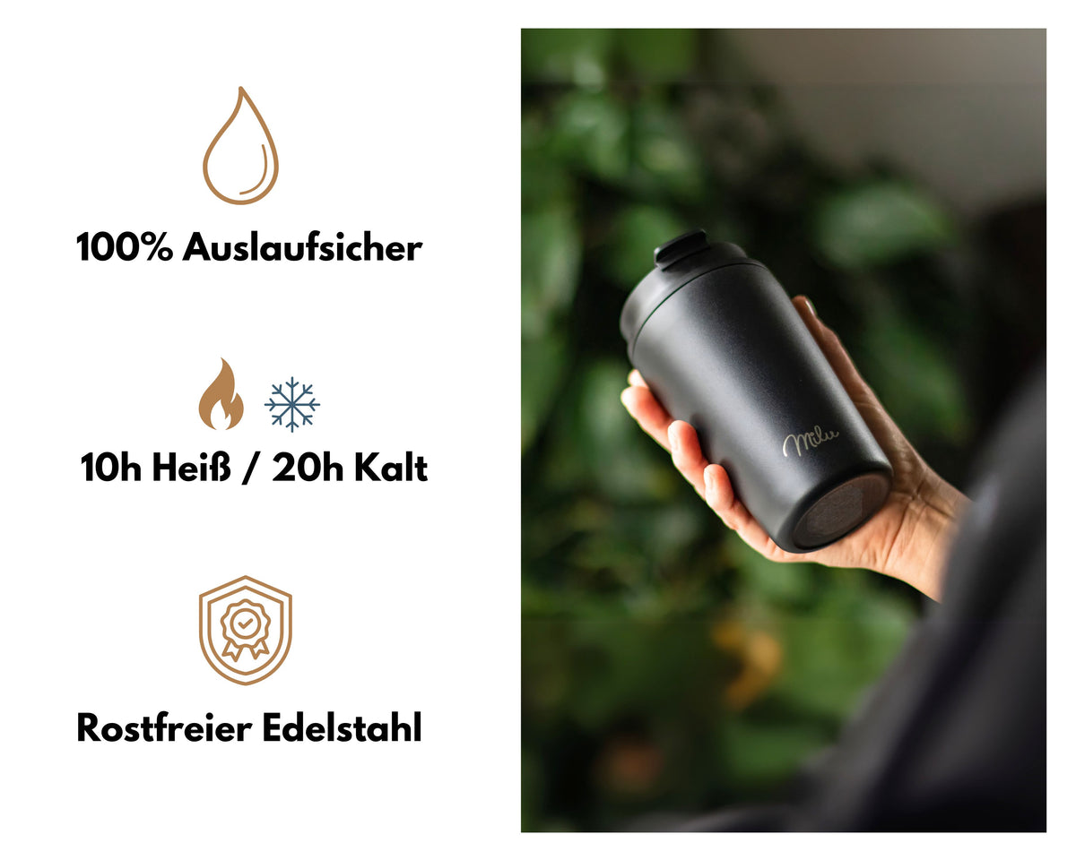 Milu Thermobecher, auslaufsicher, isoliert, mit zwei Deckeln (300 ml, 400 ml, 500 ml)