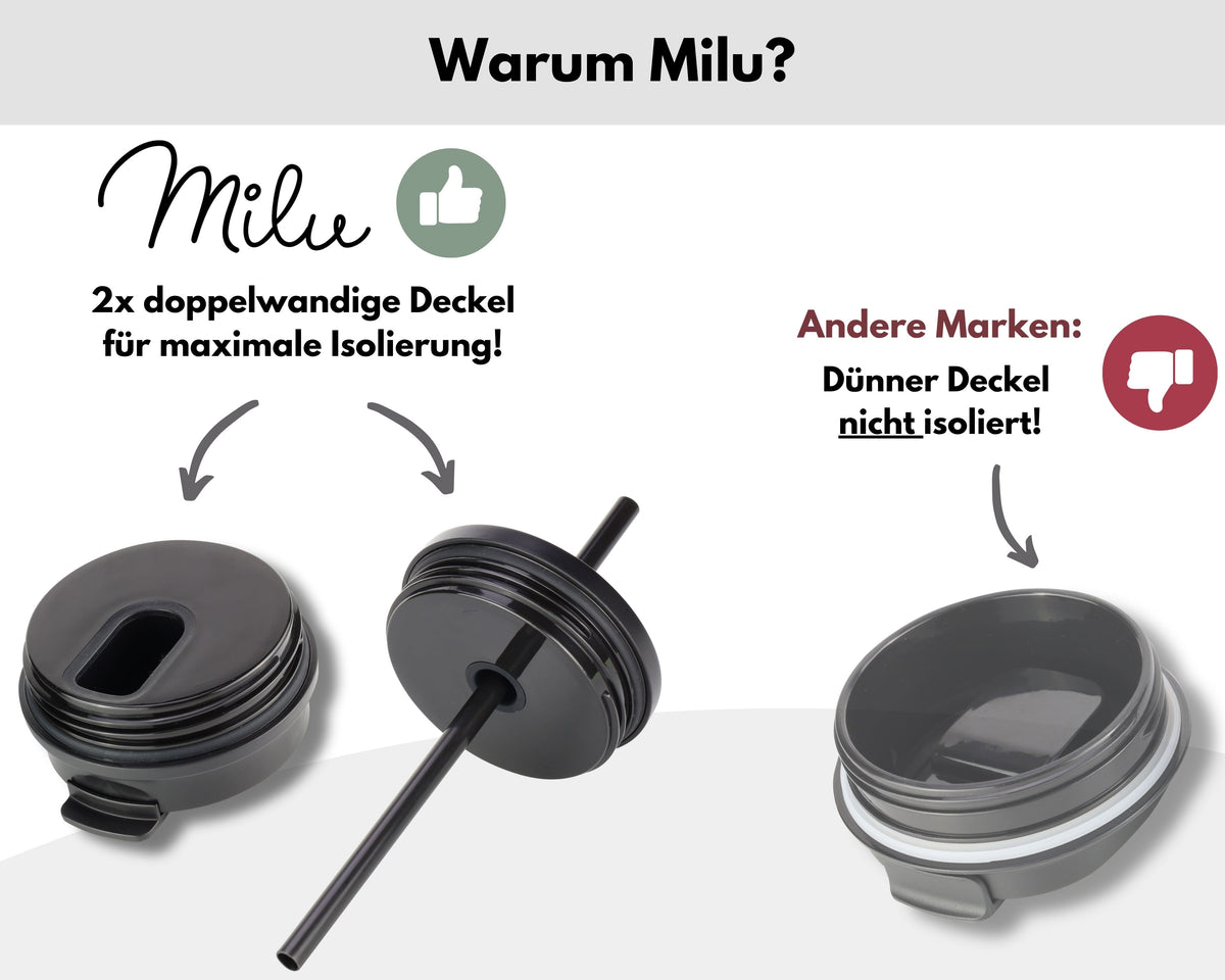 Milu Thermobecher, auslaufsicher, isoliert, mit zwei Deckeln (300 ml, 400 ml, 500 ml)