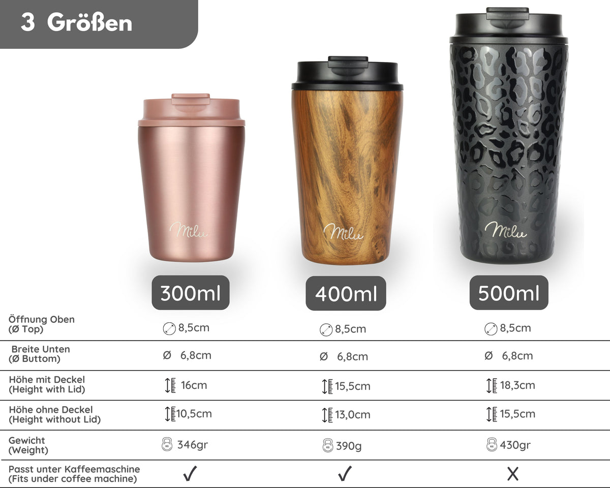 Milu Thermobecher, auslaufsicher, isoliert, mit zwei Deckeln (300 ml, 400 ml, 500 ml)