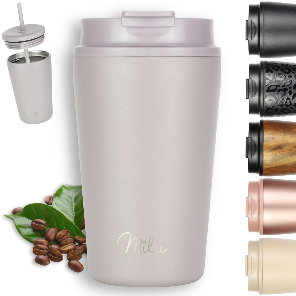 Milu Thermobecher, auslaufsicher, isoliert, mit zwei Deckeln (300 ml, 400 ml, 500 ml)