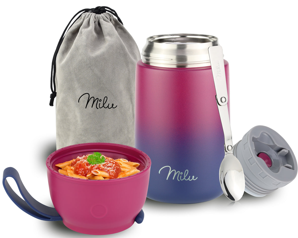 Milu® Thermobehälter für Essen, mit Löffel, auslaufsicher, isoliert (450 ml, 650 ml, 800 ml)